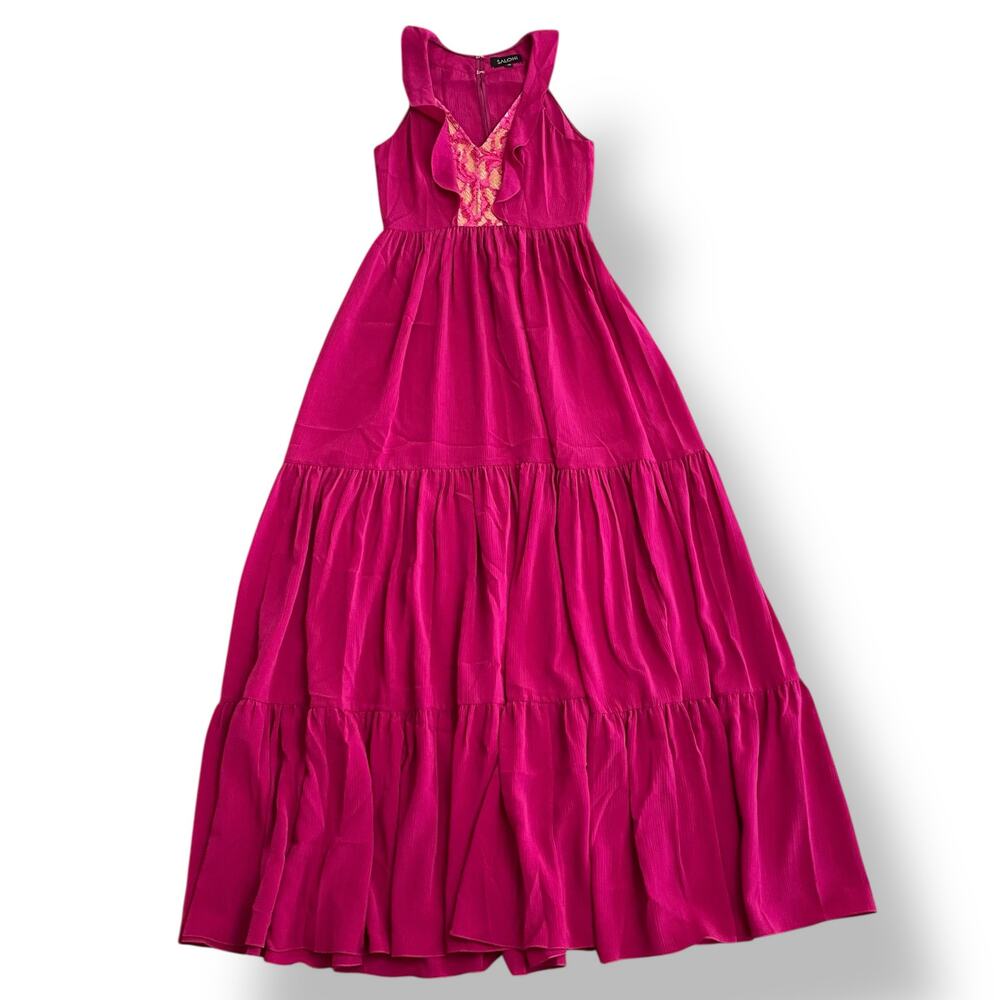 Saloni Suzy Ruffle and Lace‎ Trimmed Crinkled Gauze Maxi Dress Magenta Size US 6